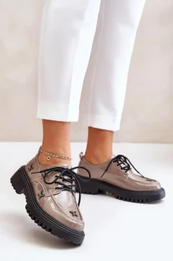 Damskie Artiker Lakierowane Półbuty Damskie Z Ozdobami Skóra Naturalna 55C1010 Ciemnobeżowe