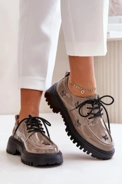 Damskie Artiker Lakierowane Półbuty Damskie Z Ozdobami Skóra Naturalna 55C1010 Ciemnobeżowe