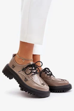 Damskie Artiker Lakierowane Półbuty Damskie Z Ozdobami Skóra Naturalna 55C1010 Ciemnobeżowe