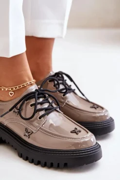 Damskie Artiker Lakierowane Półbuty Damskie Z Ozdobami Skóra Naturalna 55C1010 Ciemnobeżowe