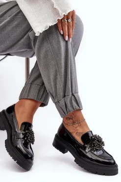 Boto Mokasyny Damskie Lakierowane*Lakierowane Półbuty Damskie Zdobione Czarne Annella