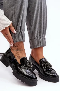 Boto Mokasyny Damskie Lakierowane*Lakierowane Półbuty Damskie Zdobione Czarne Annella