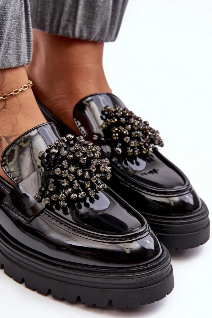 Boto Mokasyny Damskie Lakierowane*Lakierowane Półbuty Damskie Zdobione Czarne Annella