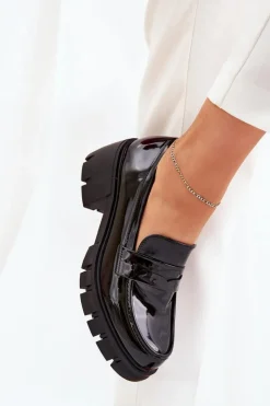 Damskie Boto Lakierowane Półbuty Damskie Na Masywnym Obcasie Czarne Felonith