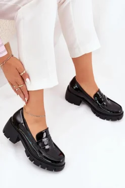 Damskie Boto Lakierowane Półbuty Damskie Na Masywnym Obcasie Czarne Felonith