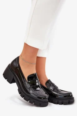 Damskie Boto Lakierowane Półbuty Damskie Na Masywnym Obcasie Czarne Felonith