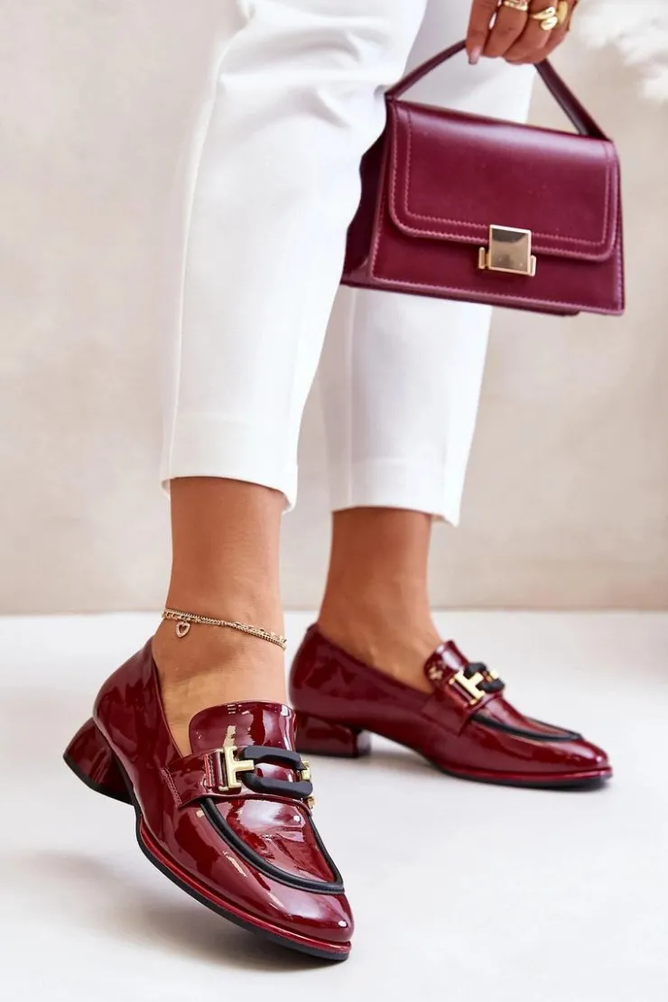 Artiker Półbuty Skórzane*Lakierowane Półbuty Damskie Na Klocku 55C0103 Bordowe