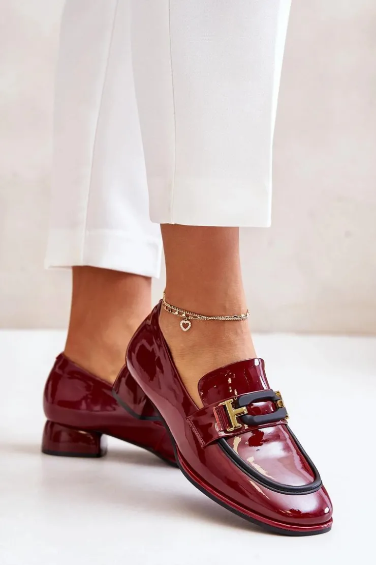 Artiker Półbuty Skórzane*Lakierowane Półbuty Damskie Na Klocku 55C0103 Bordowe