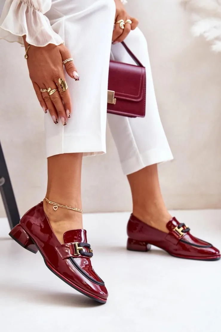 Artiker Półbuty Skórzane*Lakierowane Półbuty Damskie Na Klocku 55C0103 Bordowe