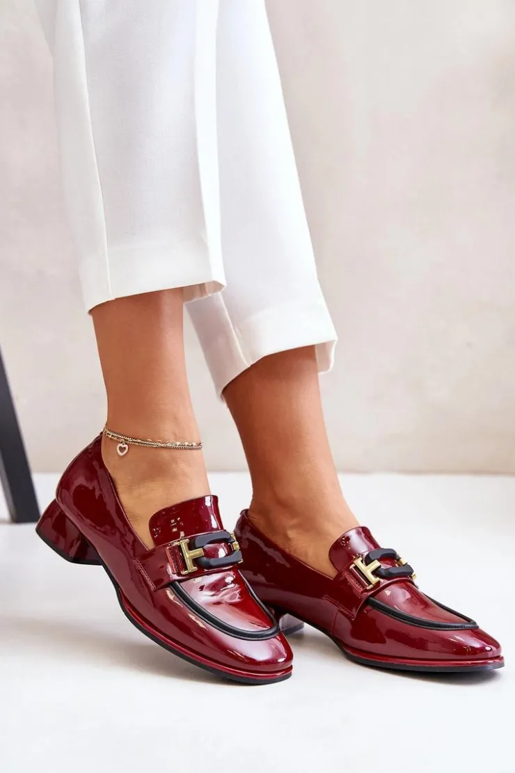 Artiker Półbuty Skórzane*Lakierowane Półbuty Damskie Na Klocku 55C0103 Bordowe