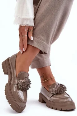 Clearance Boto Lakierowane Półbuty Damskie Zdobione Beżowe Annella