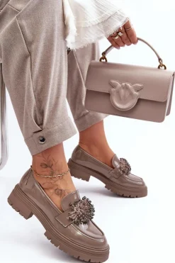 Clearance Boto Lakierowane Półbuty Damskie Zdobione Beżowe Annella