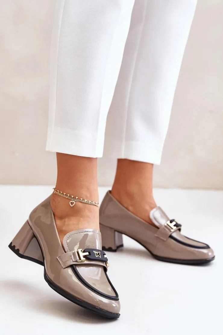 Damskie Artiker Lakierowane Półbuty Damskie Na Obcasie Z Ozdobą 55C1054 Beżowe