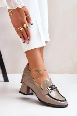 Damskie Artiker Lakierowane Półbuty Damskie Na Obcasie Z Ozdobą 55C1054 Beżowe