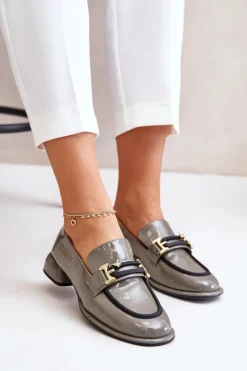 Artiker Półbuty Skórzane*Lakierowane Półbuty Damskie Na Klocku Z Ozdobą 55C0412 Szare