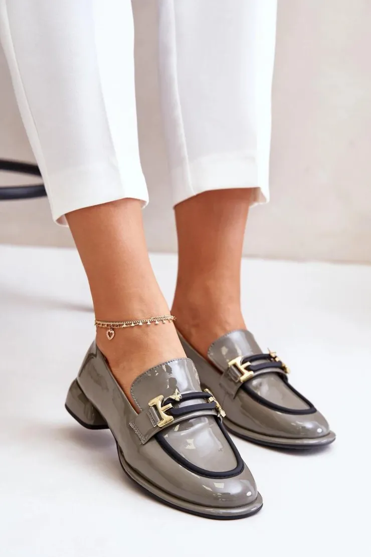 Artiker Półbuty Skórzane*Lakierowane Półbuty Damskie Na Klocku Z Ozdobą 55C0412 Szare