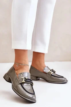 Artiker Półbuty Skórzane*Lakierowane Półbuty Damskie Na Klocku Z Ozdobą 55C0412 Szare