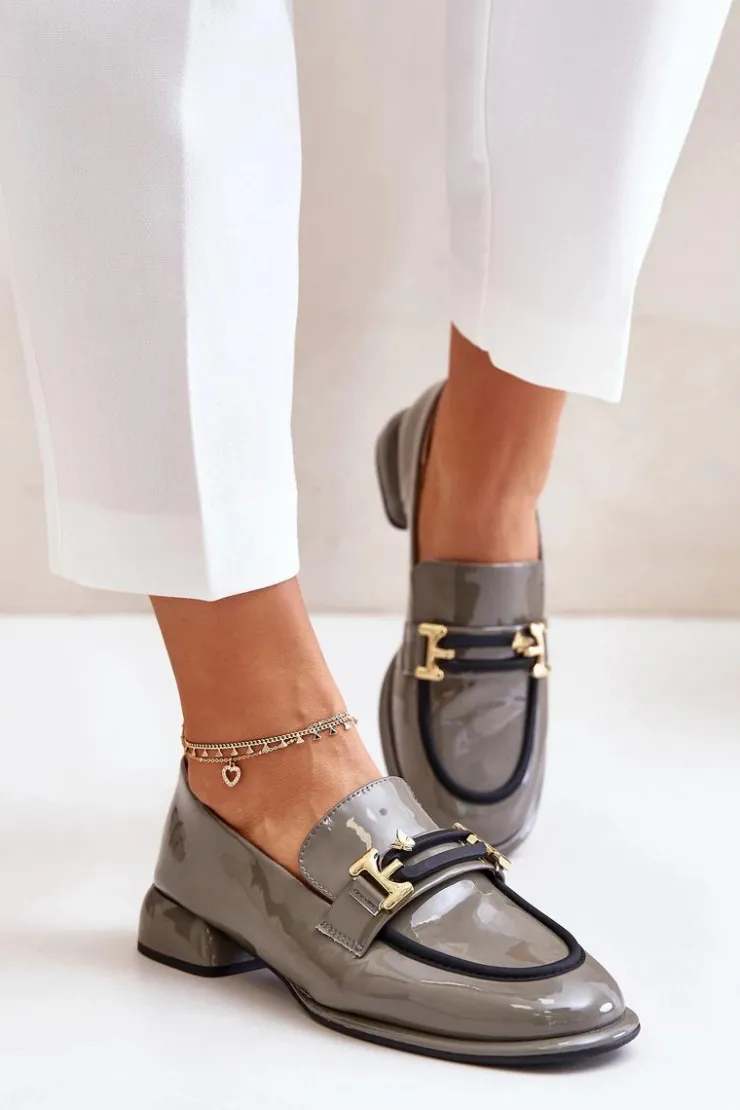 Artiker Półbuty Skórzane*Lakierowane Półbuty Damskie Na Klocku Z Ozdobą 55C0412 Szare