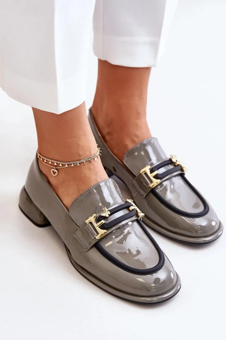 Artiker Półbuty Skórzane*Lakierowane Półbuty Damskie Na Klocku Z Ozdobą 55C0412 Szare