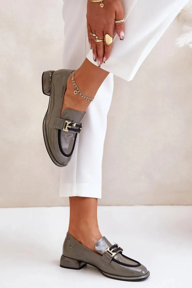 Artiker Półbuty Skórzane*Lakierowane Półbuty Damskie Na Klocku Z Ozdobą 55C0412 Szare