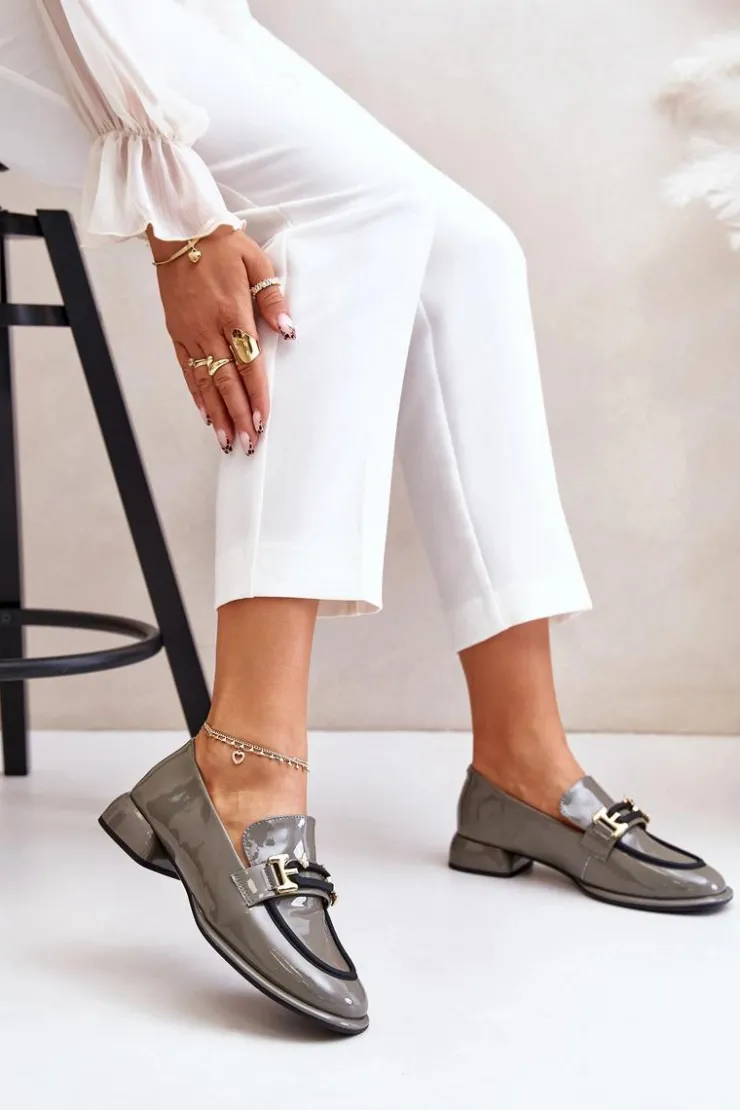 Artiker Półbuty Skórzane*Lakierowane Półbuty Damskie Na Klocku Z Ozdobą 55C0412 Szare