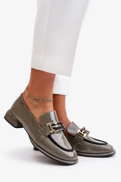 Artiker Półbuty Skórzane*Lakierowane Półbuty Damskie Na Klocku Z Ozdobą 55C0412 Szare