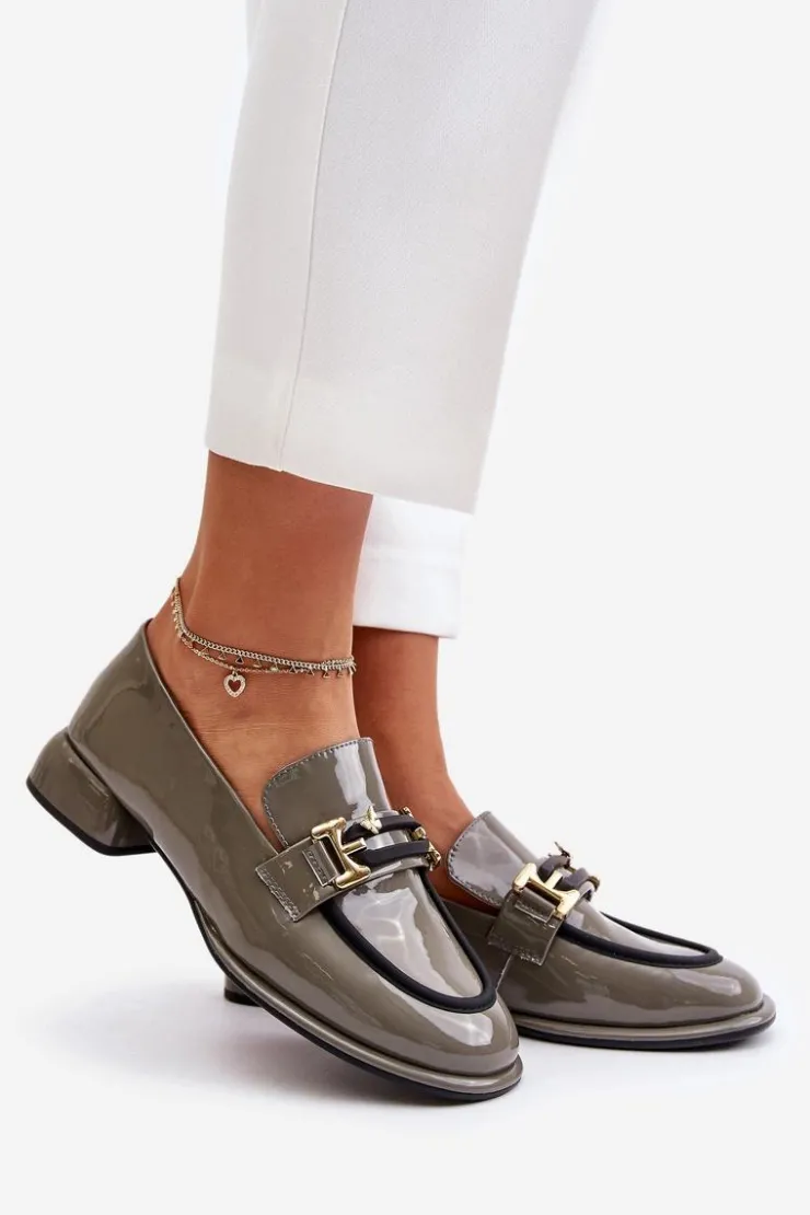 Artiker Półbuty Skórzane*Lakierowane Półbuty Damskie Na Klocku Z Ozdobą 55C0412 Szare