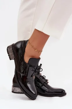 Discount Zazoo Lakierowane Półbuty Damskie Na Niskim Obcasie Z Kokardą 1399 Czarne