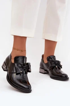 Discount Zazoo Lakierowane Półbuty Damskie Na Niskim Obcasie Z Kokardą 1399 Czarne