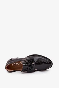 Discount Zazoo Lakierowane Półbuty Damskie Na Niskim Obcasie Z Kokardą 1399 Czarne