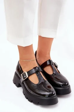 Damskie Boto Lakierowane Półbuty Damskie Z Klamrą Na Platformie I Płaskim Obcasie Czarne Venda