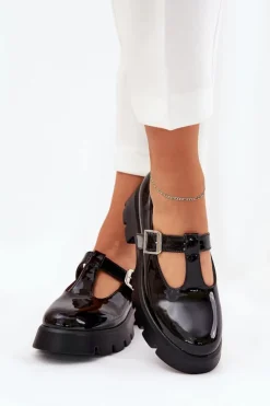 Damskie Boto Lakierowane Półbuty Damskie Z Klamrą Na Platformie I Płaskim Obcasie Czarne Venda