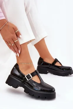 Damskie Boto Lakierowane Półbuty Damskie Z Klamrą Na Platformie I Płaskim Obcasie Czarne Venda