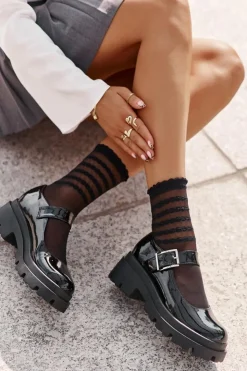 Damskie Boto Lakierowane Półbuty Damskie Z Klamrą Czarne Plikuria