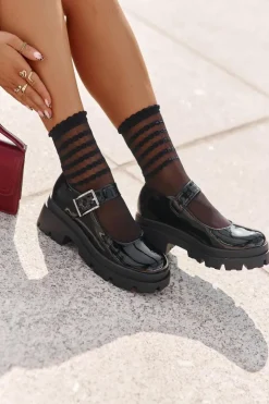 Damskie Boto Lakierowane Półbuty Damskie Z Klamrą Czarne Plikuria