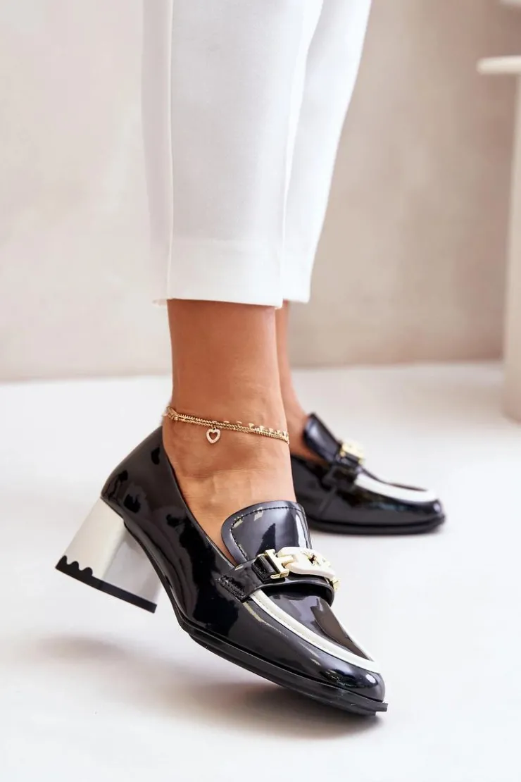 Damskie Artiker Lakierowane Półbuty Damskie Na Obcasie Z Ozdobą 55C1002 Czarne