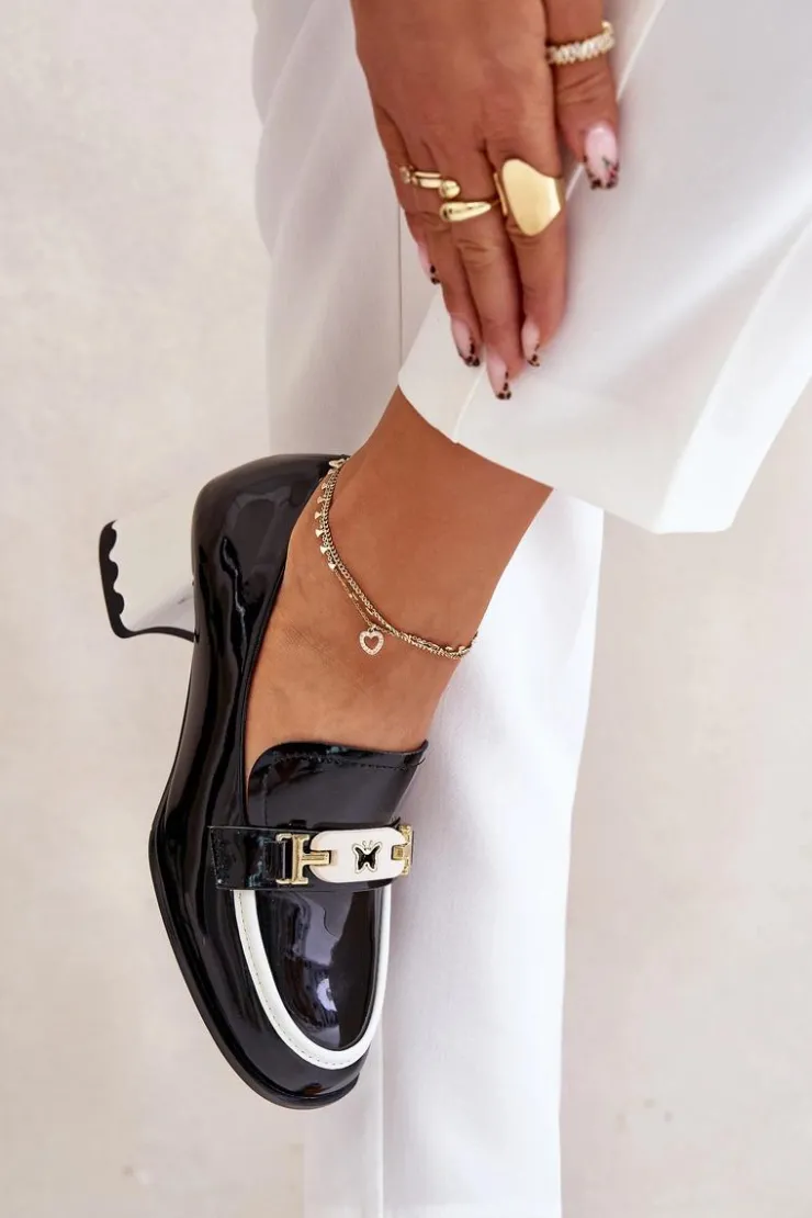 Damskie Artiker Lakierowane Półbuty Damskie Na Obcasie Z Ozdobą 55C1002 Czarne