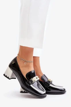 Damskie Artiker Lakierowane Półbuty Damskie Na Obcasie Z Ozdobą 55C1002 Czarne