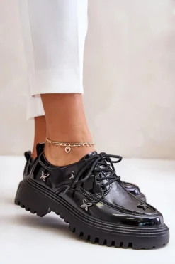 Outlet Artiker Lakierowane Półbuty Damskie Z Ozdobami Skóra Naturalna 55C1011 Czarne