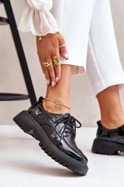 Outlet Artiker Lakierowane Półbuty Damskie Z Ozdobami Skóra Naturalna 55C1011 Czarne