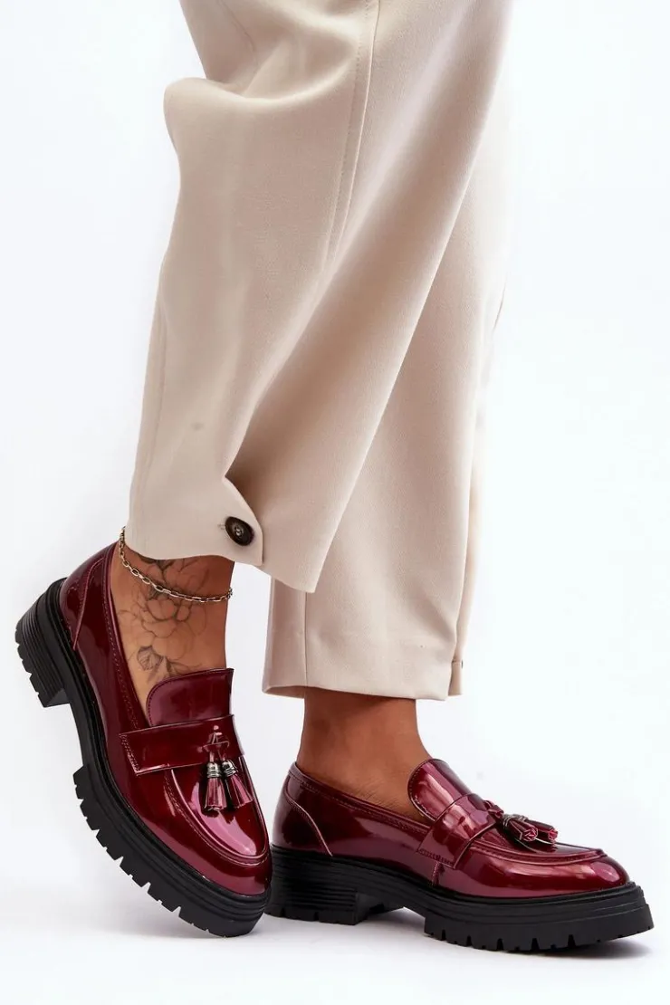 Boto Mokasyny Damskie Lakierowane*Lakierowane Półbuty Loafersy Z Frędzlami Bordowe Velenase