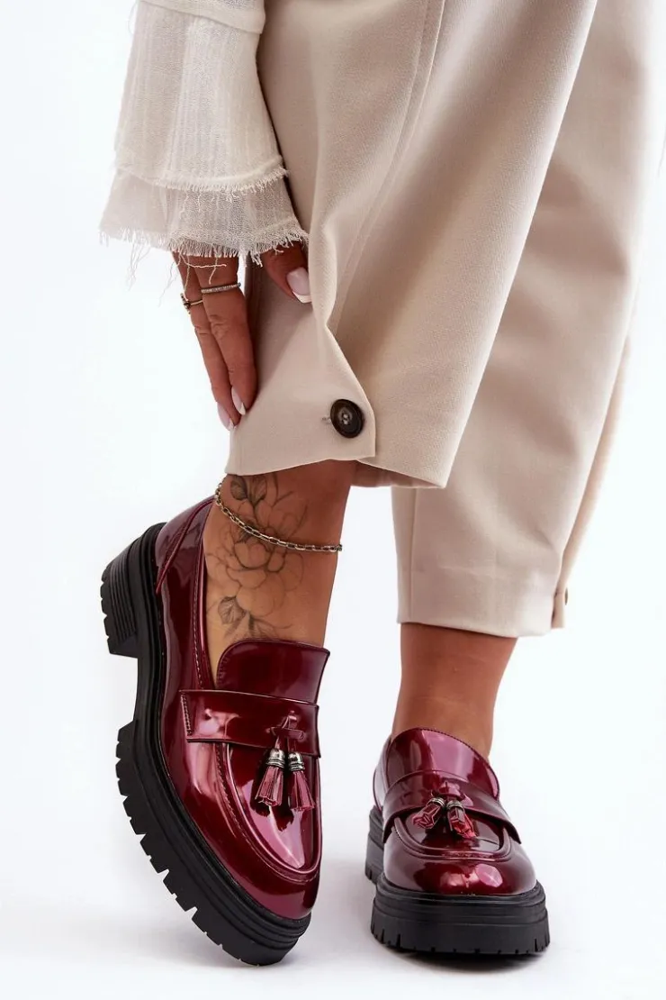 Boto Mokasyny Damskie Lakierowane*Lakierowane Półbuty Loafersy Z Frędzlami Bordowe Velenase