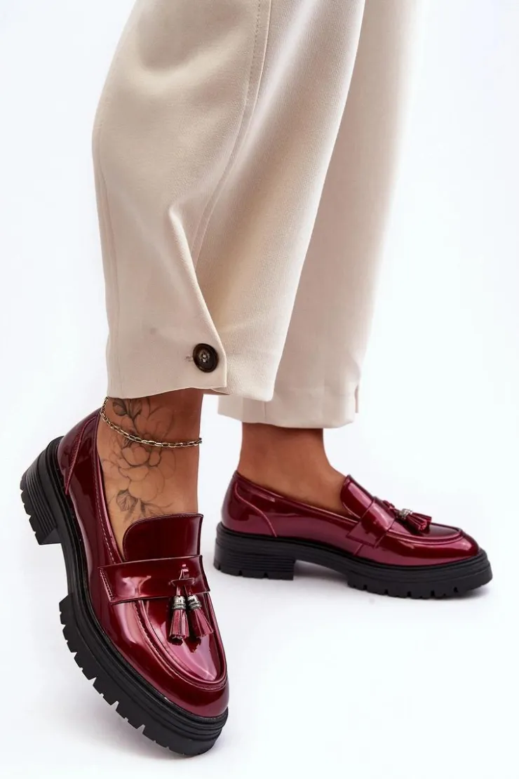 Boto Mokasyny Damskie Lakierowane*Lakierowane Półbuty Loafersy Z Frędzlami Bordowe Velenase