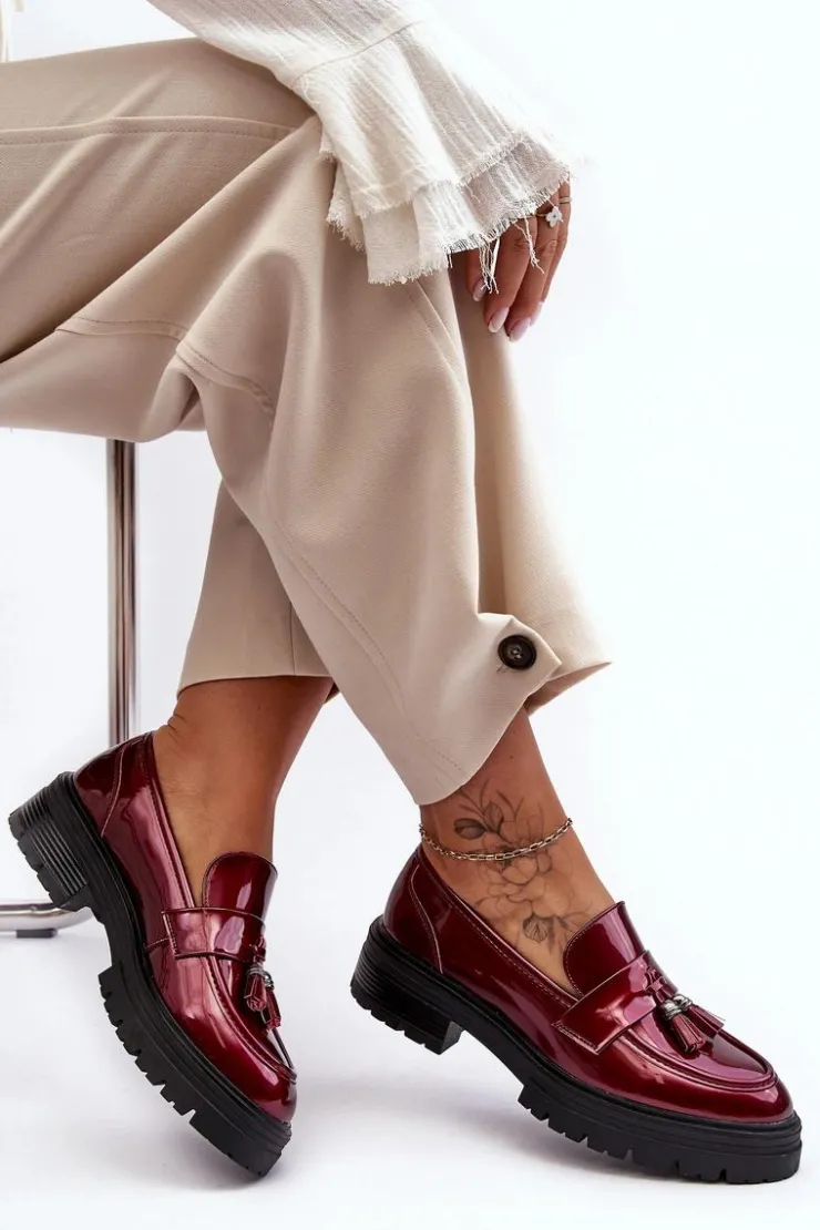 Boto Mokasyny Damskie Lakierowane*Lakierowane Półbuty Loafersy Z Frędzlami Bordowe Velenase