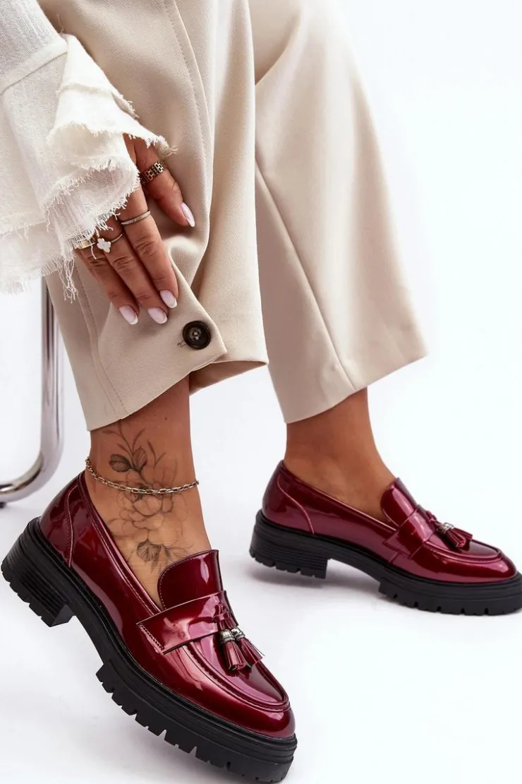 Boto Mokasyny Damskie Lakierowane*Lakierowane Półbuty Loafersy Z Frędzlami Bordowe Velenase