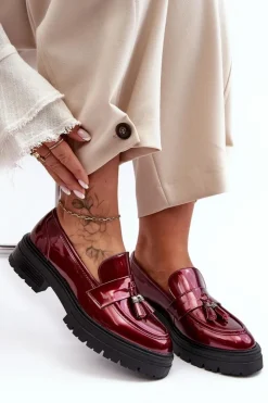 Boto Mokasyny Damskie Lakierowane*Lakierowane Półbuty Loafersy Z Frędzlami Bordowe Velenase
