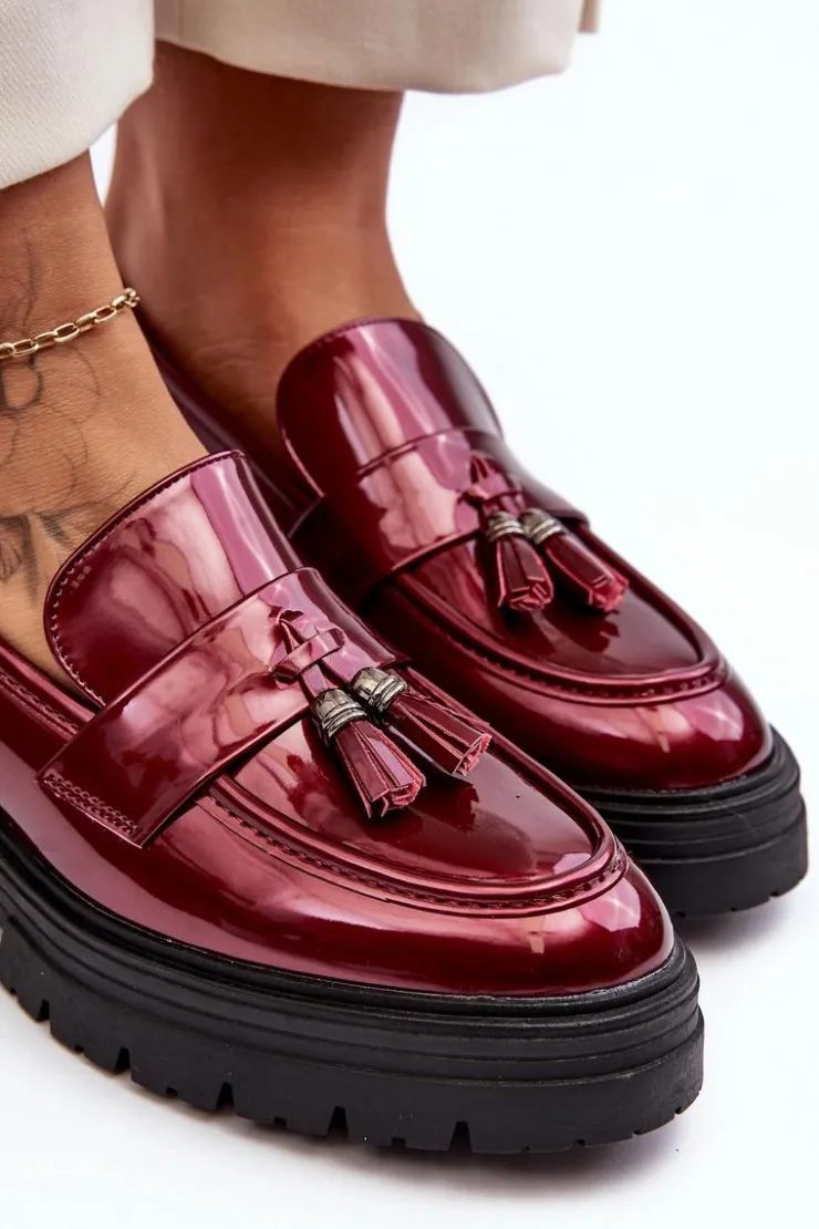 Boto Mokasyny Damskie Lakierowane*Lakierowane Półbuty Loafersy Z Frędzlami Bordowe Velenase