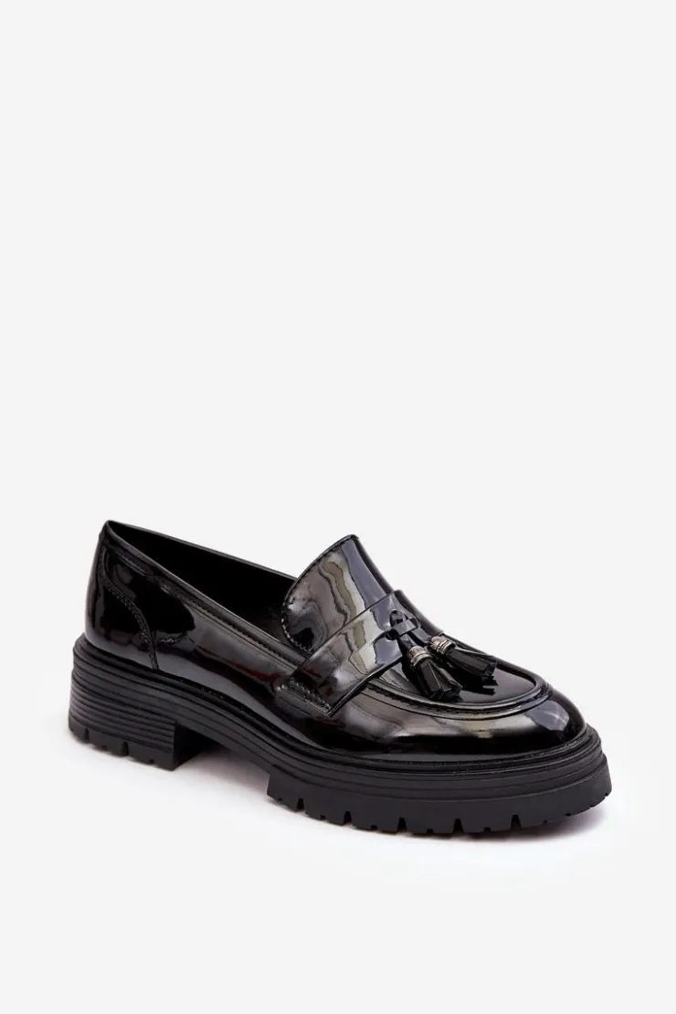Damskie Boto Lakierowane Półbuty Loafersy Z Frędzlami Czarne Velenase