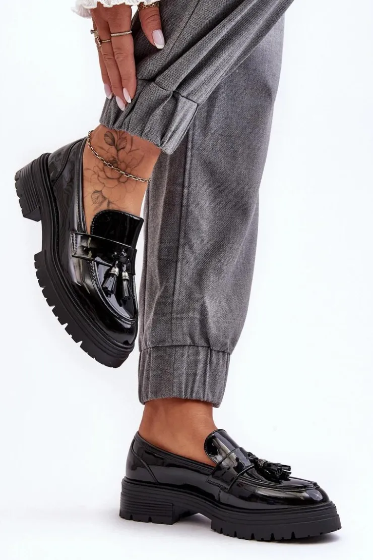 Damskie Boto Lakierowane Półbuty Loafersy Z Frędzlami Czarne Velenase