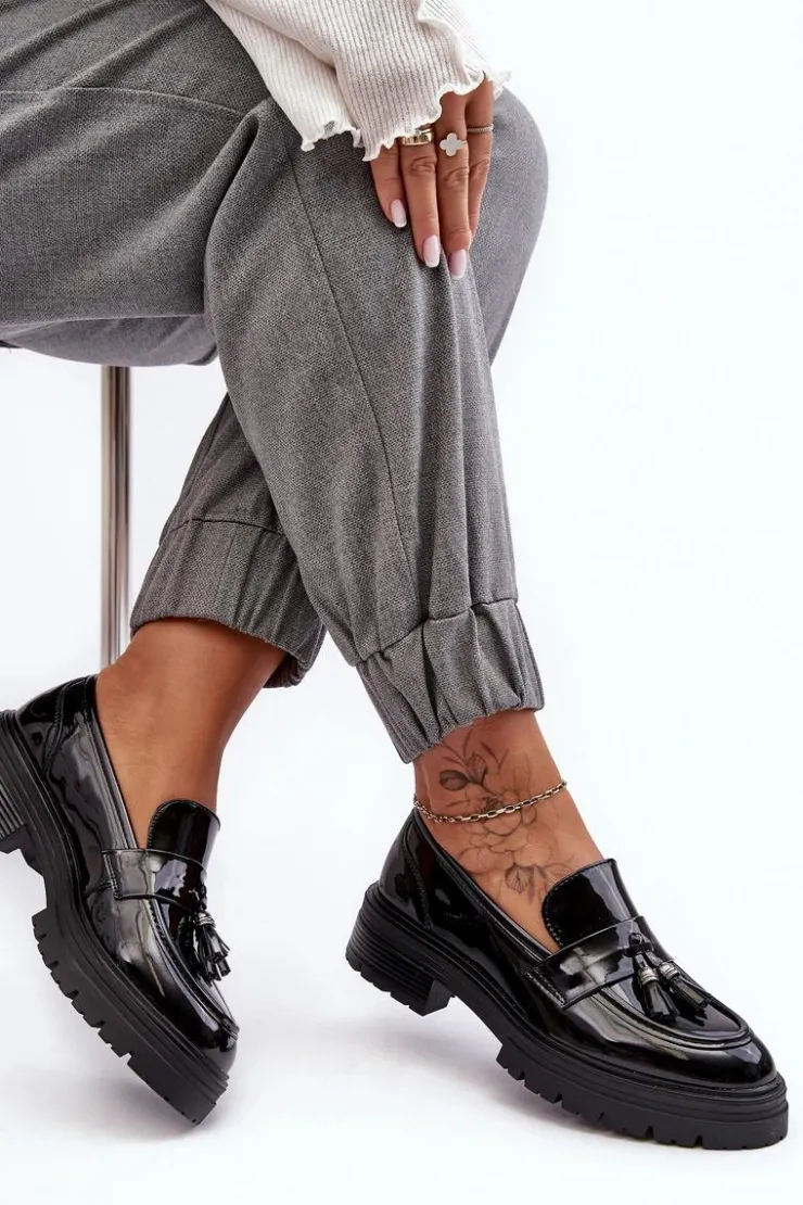 Damskie Boto Lakierowane Półbuty Loafersy Z Frędzlami Czarne Velenase